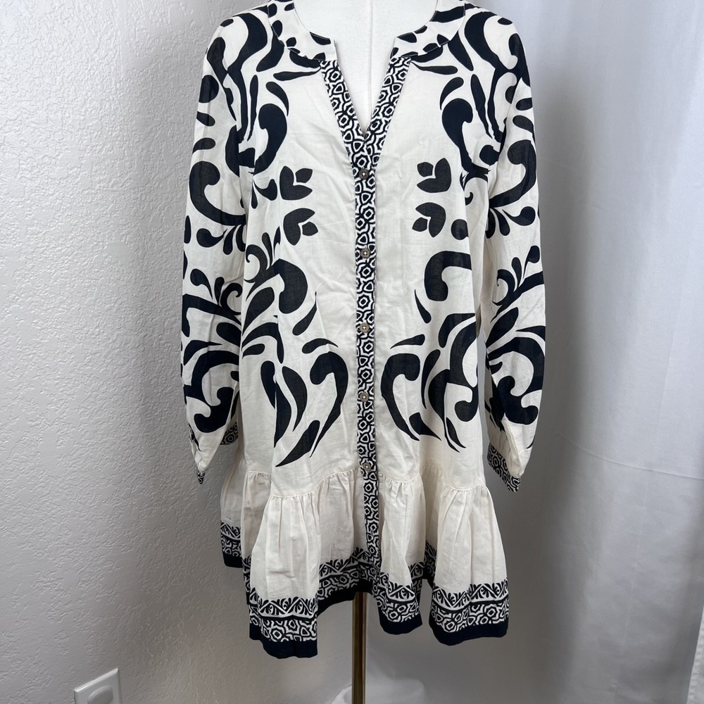 Susan Graver Top Womens Large Black White Floral Cotton Duster Ruffle Hem Boho